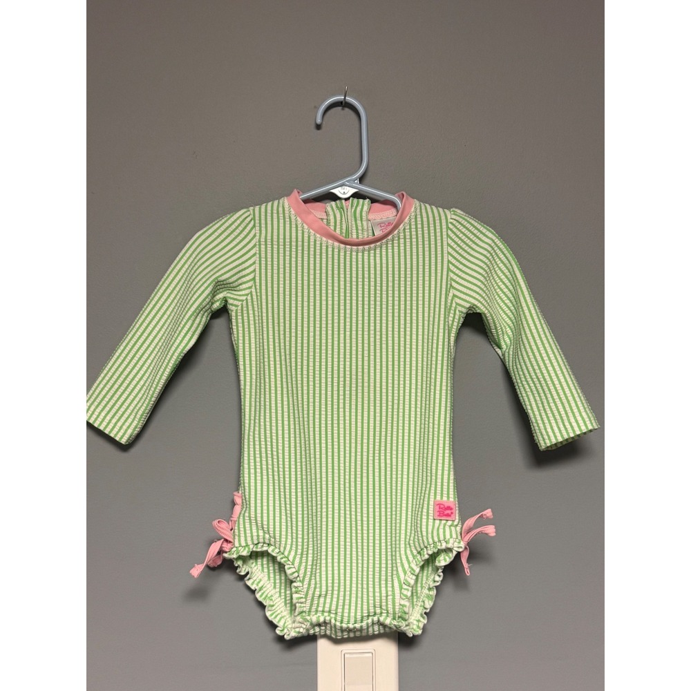 RuffleButts Girls Green Seersucker Stripe Long Sleeve Rash Guard Swimsuit 12-18M